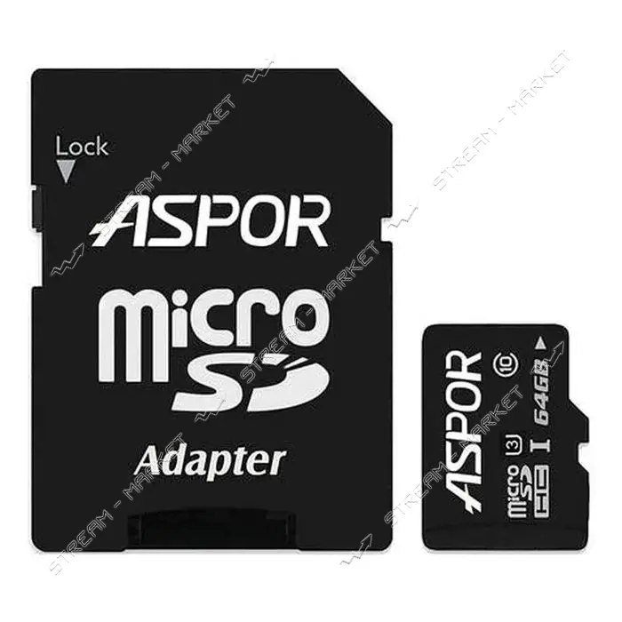 Карта памяти Aspor 64GB MicroSDHC Class 10 плюс SD adapter                                          