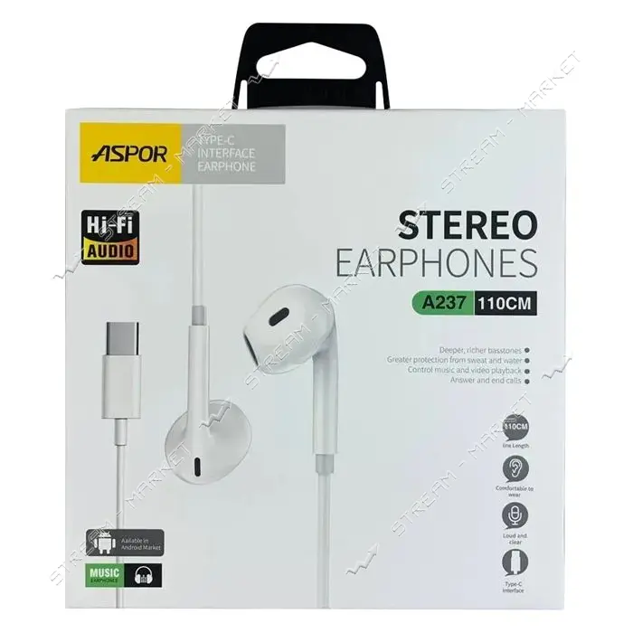 Проводные наушники Aspor с микрофоном A237 with Type-C connected белые                              