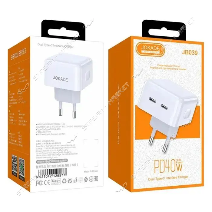 Сетевое зарядное устройство Jokade JB039 40W 2USB-C белый