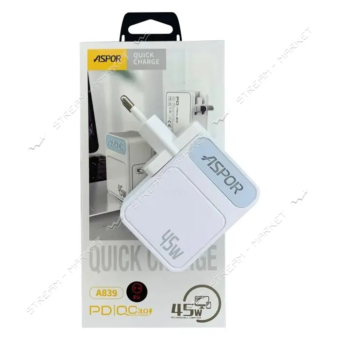 Сетевое зарядное устройство Aspor A839 PD 45W USB/USB-C/5A белый