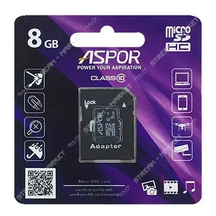 Карта памяти Aspor 8GB MicroSDHC Class 10 плюс SD adapter