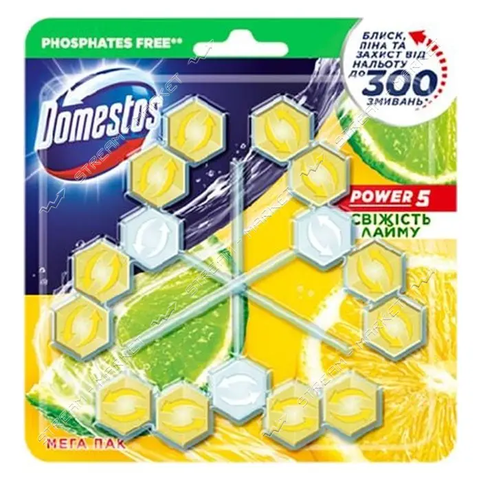 Туалетный блок для унитаза Domestos Power 5 Свежесть лайма 3*55г