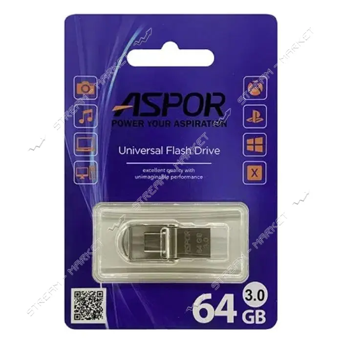 Флешка Aspor AR 64B 104 USB-A плюс Type-C серебро