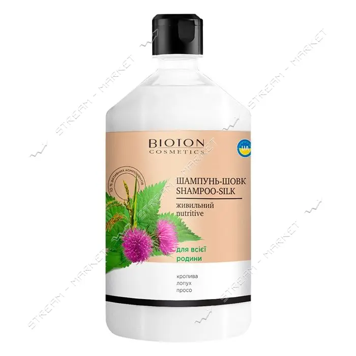Шампунь-шелк Bioton Cosmetics Питательный с лопухом и крапивой с просом для всей семьи 1л           