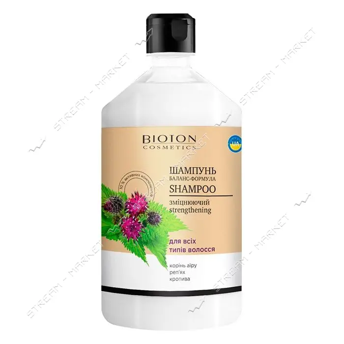 Шампунь баланс-формула Bioton Cosmetics Укрепляющий с корнем аира и репейника с крапивой 1л