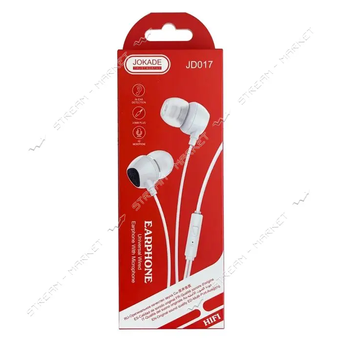 Проводные наушники Jokade с микрофоном JD017 EarPhone 3.5мм белые                                   