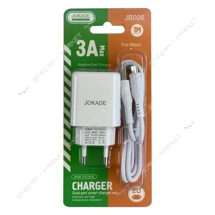Сетевое зарядное устройство Jokade JB026 FC 3A USB-A плюс USB-A плюс USB Micro белое