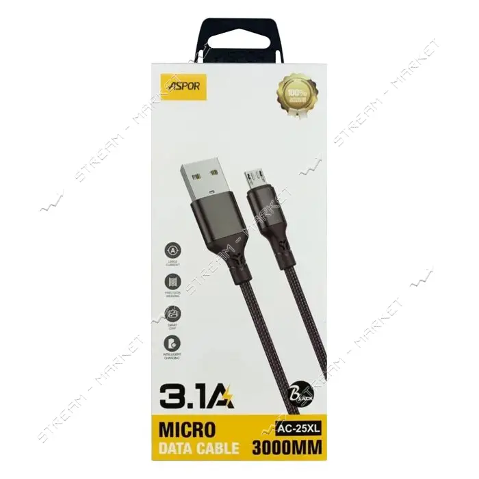Кабель Aspor AC-25XL Micro 3.1A Textile 3м черный