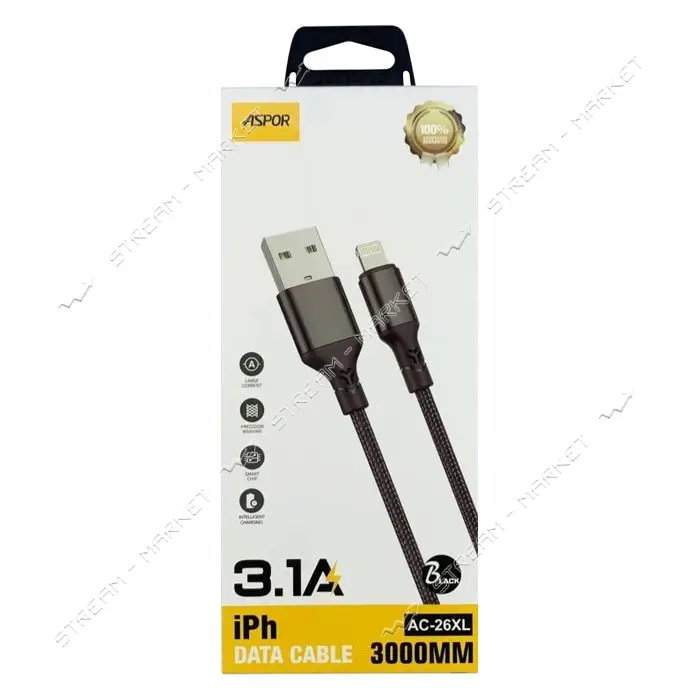 Кабель Aspor AC-26XL USB Lightning 3.1A/3м Textile черный