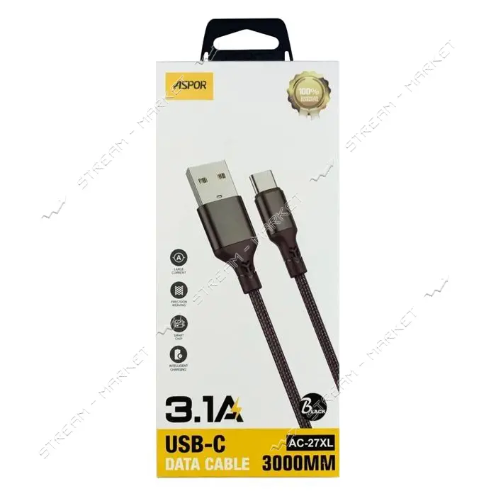 Кабель Aspor AC-27XL USB to Type-C 3.1A Textile 3м белый                                            