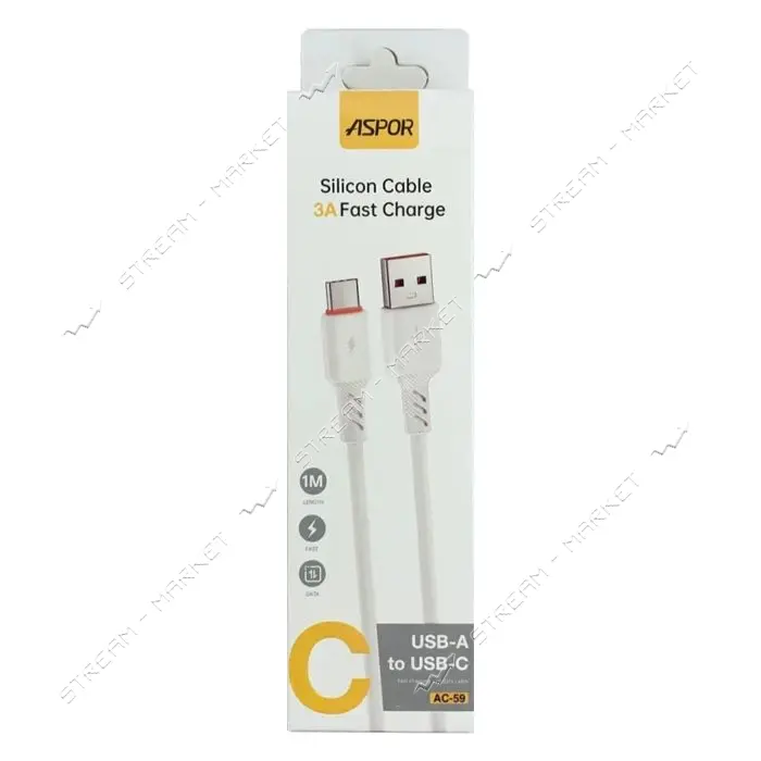 Кабель Aspor AC-59 Type-C Silicone 3A 1м белый                                                      