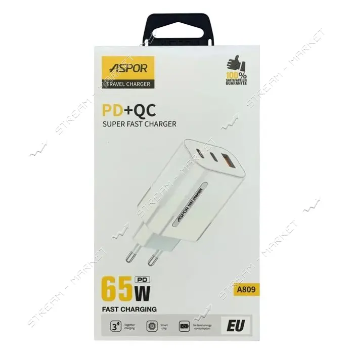 Сетевое зарядное устройство Aspor A809 65W PD QC 2 UCB C плюс USB A белый                           