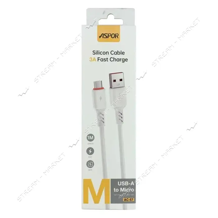Кабель Aspor AC-57 Micro Silicone 3A 1м белый                                                       