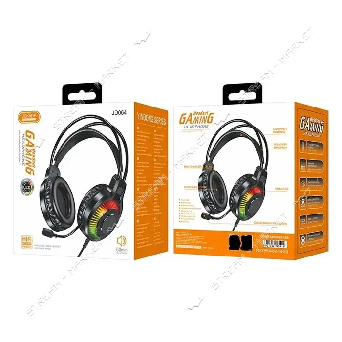 Проводные накладные наушники Jokade с микрофоном JD064 Led RGB черный                               