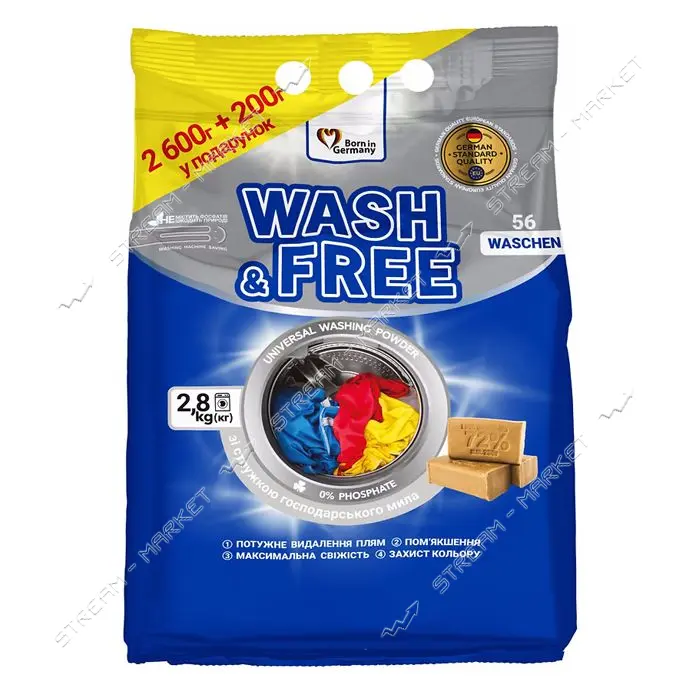 Порошок для стирки Wash and Free универсальный со стружкой хозяйственного мыла 2.6кг