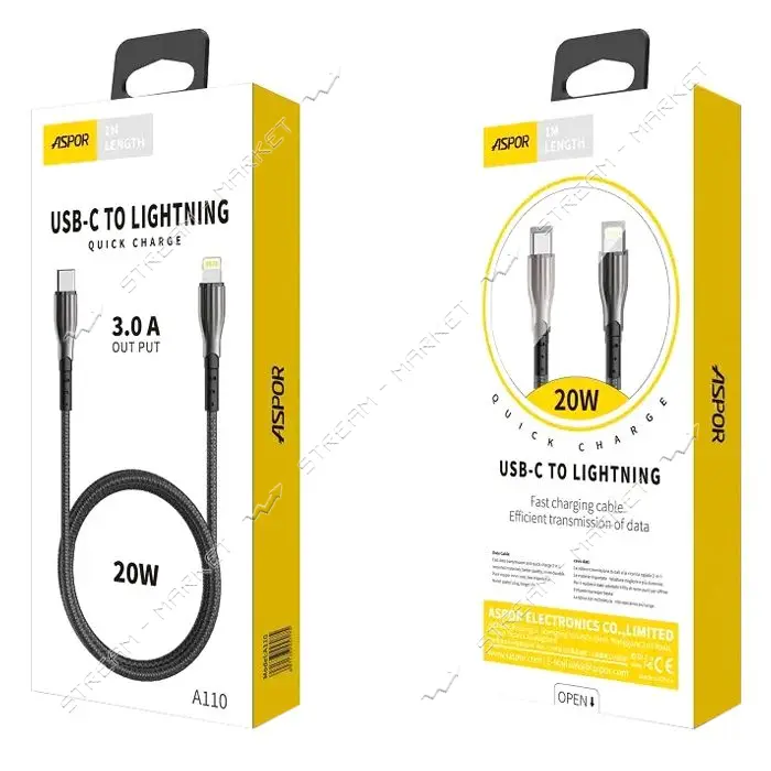 Кабель Aspor A110 Lightning Quick Charge 20W 1м черный