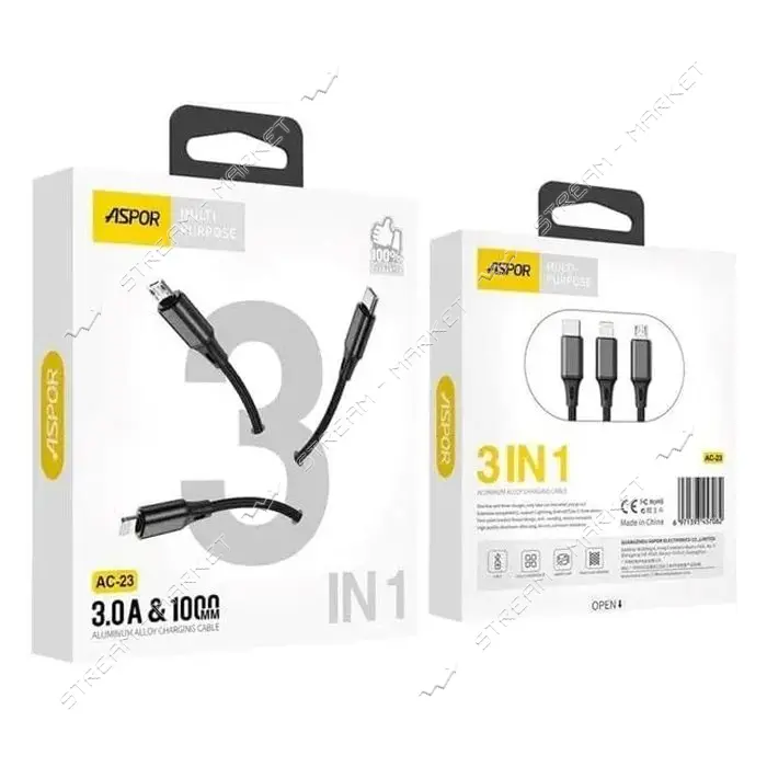 Кабель Aspor AC-23 3в1 Micro USB плюс Lightning плюс Tyre-C 1м черный