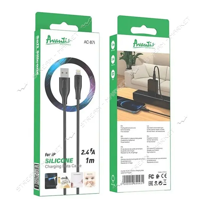 Кабель Avantis AC-87i Silicone Lightning 2.4А 1м черный