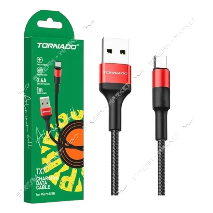 Кабель Tornado Micro USB TX7 Nylon 2.4A 1м черно-красный