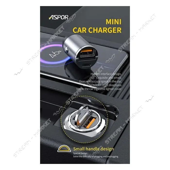 Автомобильное зарядное устройство Aspor A908 блочок QC плюс PD 30W USB/USB-C Mini графит            