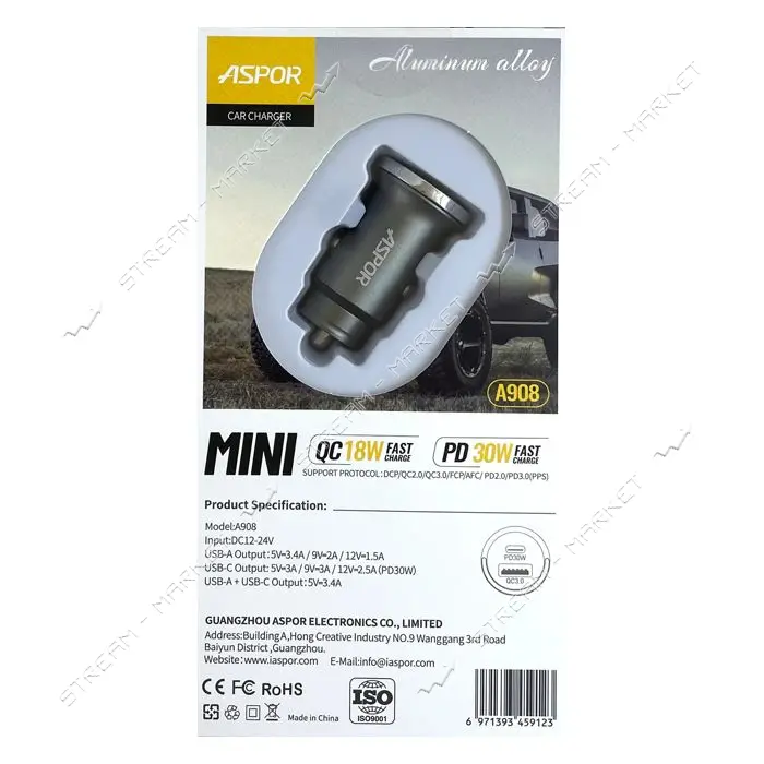 Автомобильное зарядное устройство Aspor A908 блочок QC плюс PD 30W USB/USB-C Mini графит            