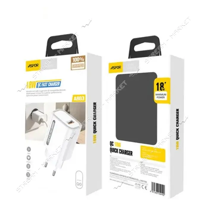 Сетевое зарядное устройство Aspor A803 USB/18W плюс USB кабель Type-C белое                         