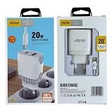 Сетевое зарядное устройство Aspor A816 USB/USB-C/3A/20W плюс кабель Type-C-Lightning белое          