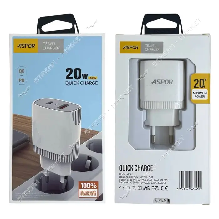 Сетевое зарядное устройство Aspor A816 USB/USB-C/3A/20W белое                                       