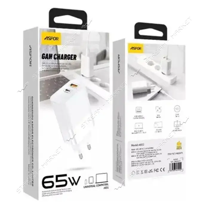 Сетевое зарядное устройство Aspor A851 65W PD QC USB C плюс A белое