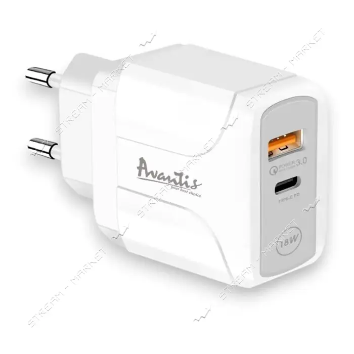Сетевое зарядное устройство Avantis A860 QC3.0 плюс PD 18W 1USB/1USB-C белое                        