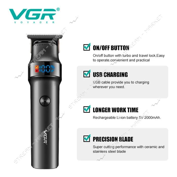 Триммер VGR V-987 3 насадки LED display