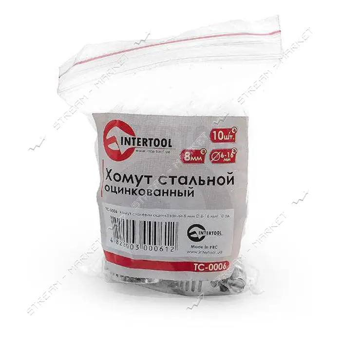 Хомут Intertool TC-0006 стальной оцинкованный 8мм d6-16мм 10шт