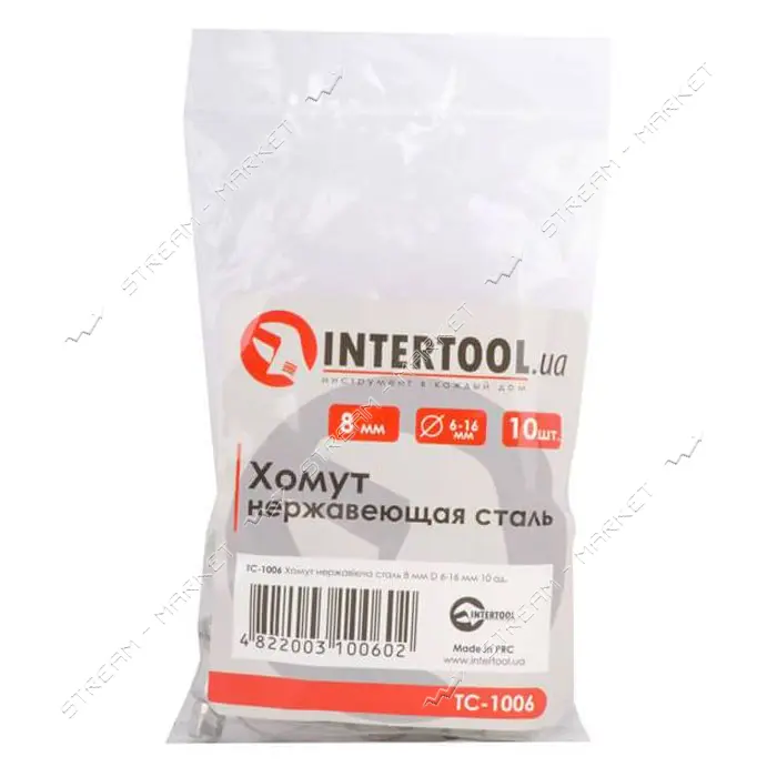 Хомут Intertool TC-1006 нержавеющая сталь 8мм 10шт d6-16мм