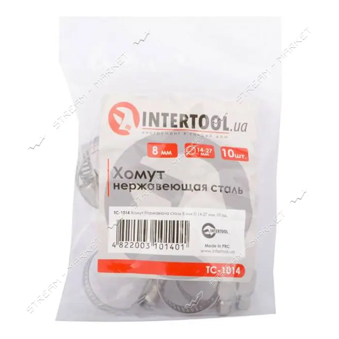 Хомут Intertool TC-1014 нержавеющая сталь 8мм 10шт d14-27мм