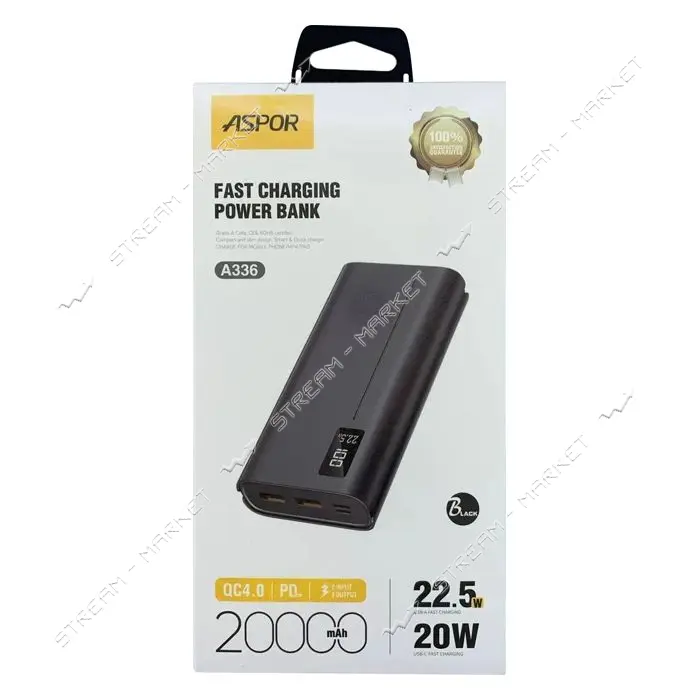 Портативное зарядное устройство Aspor A336 Fast Charge 4.0 20000mAh 22.5W черный