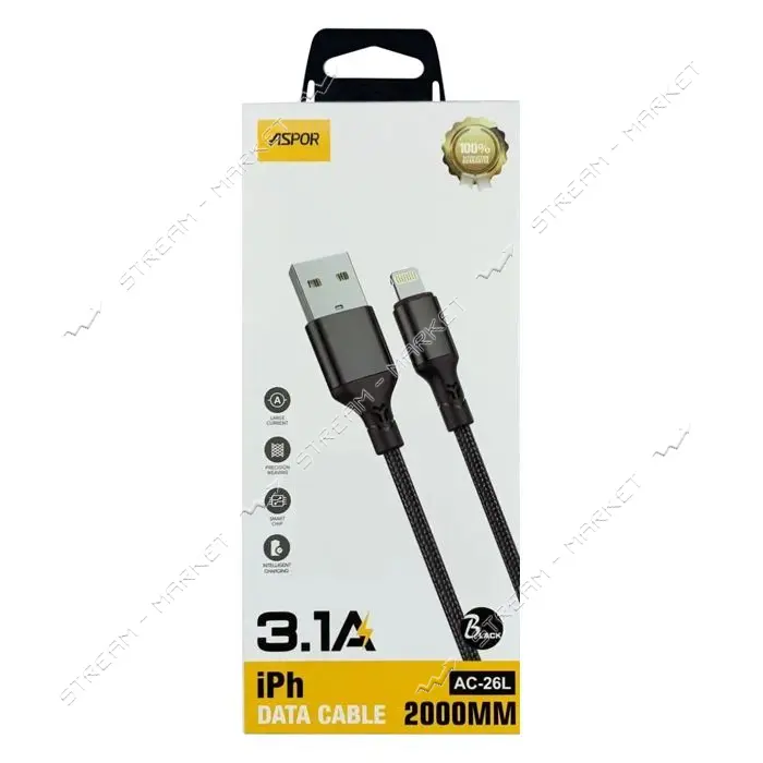 Кабель Aspor AC-26L Lightning 3.1А Textile 2м черный