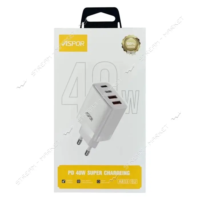 Сетевое зарядное устройство Aspor A833 PD FC 40W 2USB-C плюс 2USB-A белый