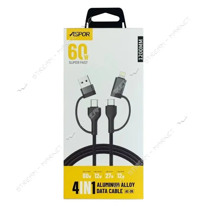 Кабель Aspor AC-39 4in1 60W 2 typeC плюс USB плюс Lightning 1.2м черный                             