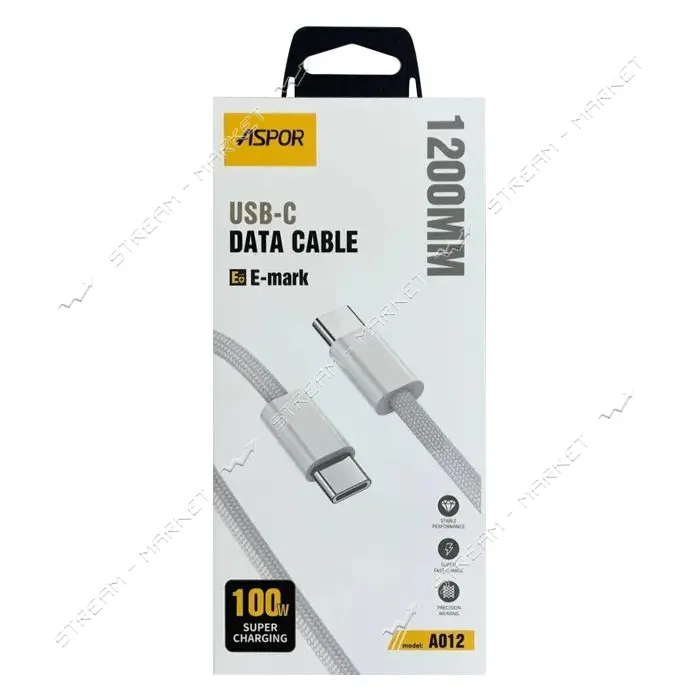 Кабель Aspor A012 Type-C to Type-C E-mark Nylon 100W 1.2м белый                                     