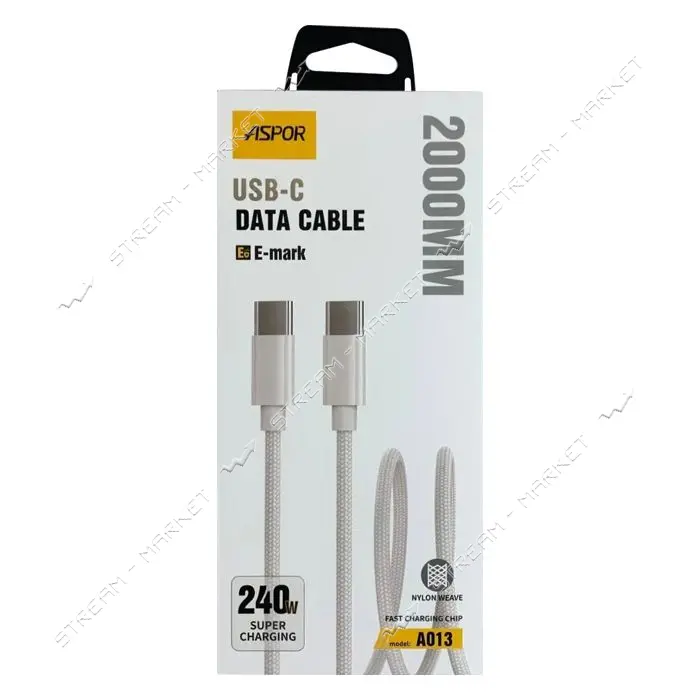 Кабель Aspor A013 Type-C to Type-C E-mark Nylon 230W 2м белый