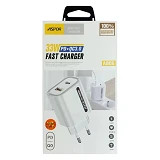 Сетевое зарядное устройство Aspor A806 FC USB/USB-C/33W плюс кабель Type-C to Type-C белый          