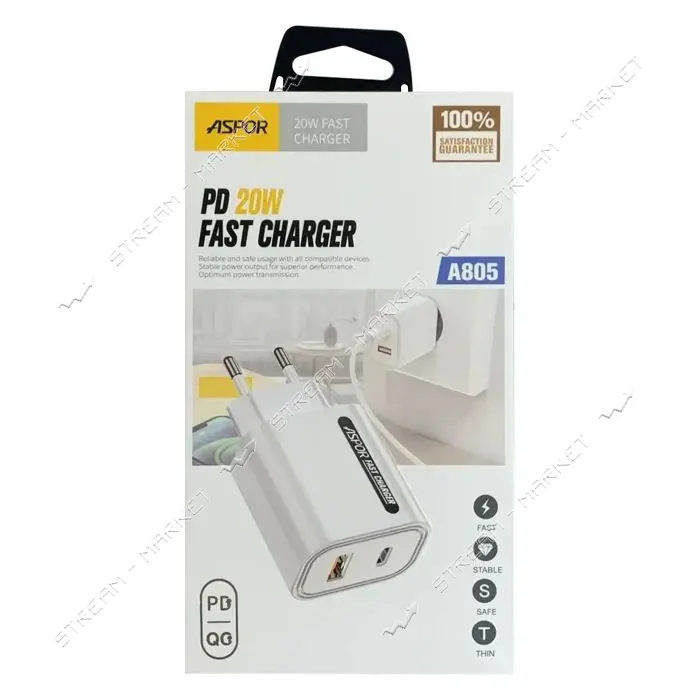 Сетевое зарядное устройство Aspor A805 USB/USB-C/PD 20W белый