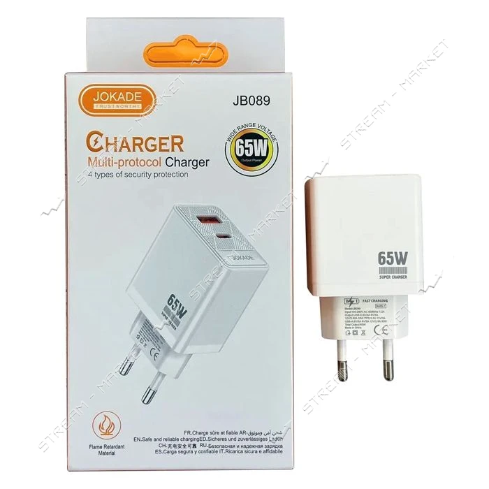 Сетевое зарядное устройство Jokade JB045 USB-A плюс USB-C/PD65W белый