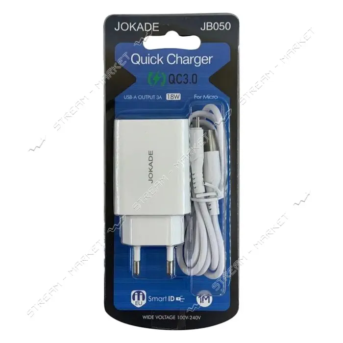 Сетевое зарядное устройство Jokade JB050 QC 3.0 18W USB-A плюс USB Micrо белый