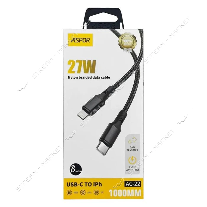 Кабель Aspor AC-22 Nylon Type-C to Lightning 27W 1м чорний                                          
