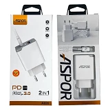 Мережевий зарядний пристрій Aspor A826 PD USB/USB-C/3A/20W плюс кабель Type-C-Lightning білий