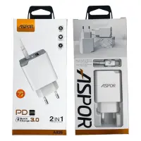 Сетевое зарядное устройство Aspor A826 PD USB/USB-C/3A/20W плюс кабель Type-C-Lightning белый       