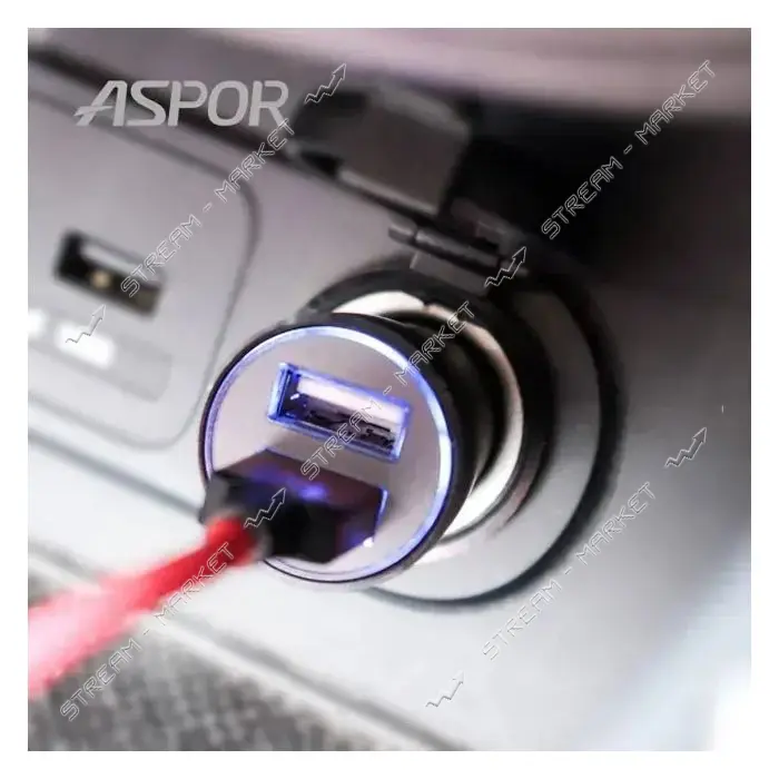 Автомобильное зарядное устройство для Aspor A918 metal блочок 2USB/3.4A LED черное