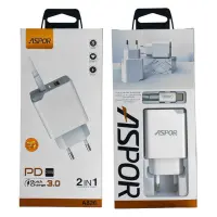 Сетевое зарядное устройство Aspor A826 PD USB/USB-C/3A/20W плюс кабель Type-C-Type-C белый          