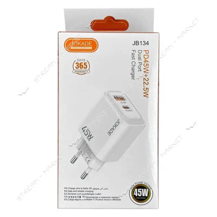 Сетевое зарядное устройство Jokade JB134 USB-A 22.5W/USB-C PD 45W белый